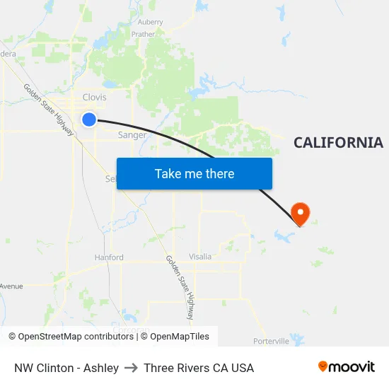 NW Clinton - Ashley to Three Rivers CA USA map