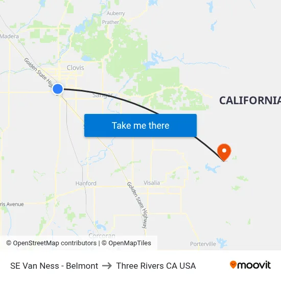SE Van Ness - Belmont to Three Rivers CA USA map