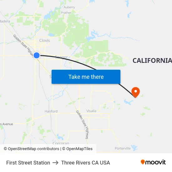 First Street Station to Three Rivers CA USA map