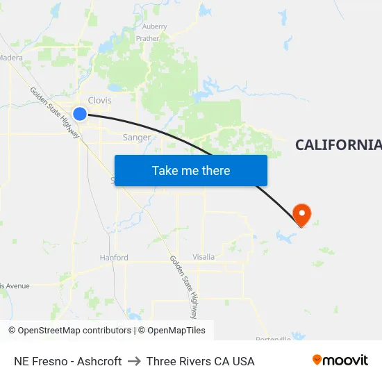NE Fresno - Ashcroft to Three Rivers CA USA map