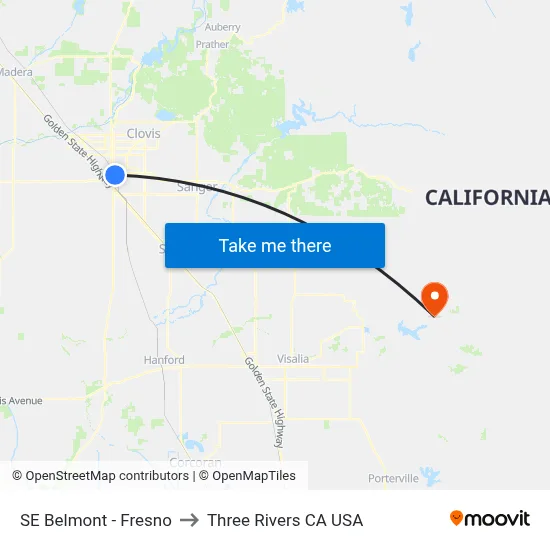 SE Belmont - Fresno to Three Rivers CA USA map