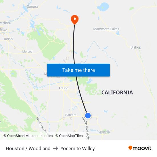 Houston / Woodland to Yosemite Valley map