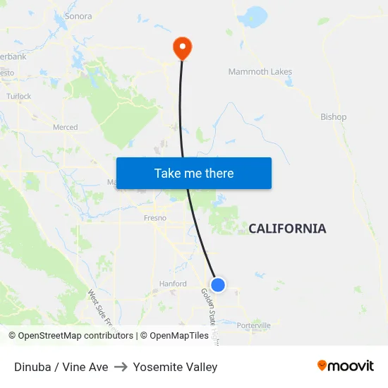 Dinuba / Vine Ave to Yosemite Valley map
