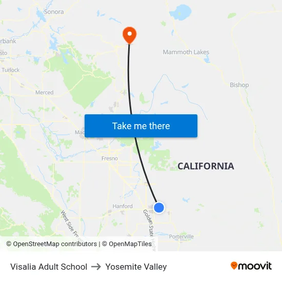 Visalia Adult School to Yosemite Valley map