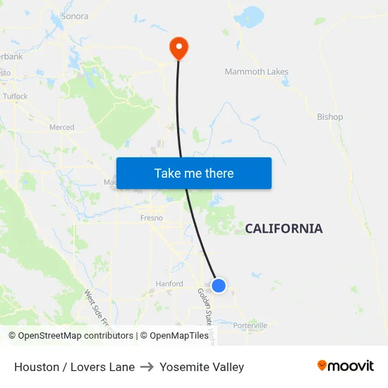 Houston / Lovers Lane to Yosemite Valley map