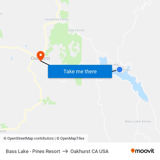 Bass Lake - Pines Resort to Oakhurst CA USA map