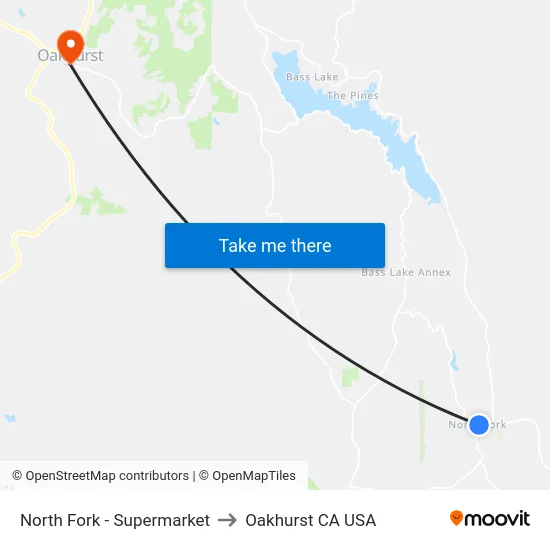 North Fork - Supermarket to Oakhurst CA USA map