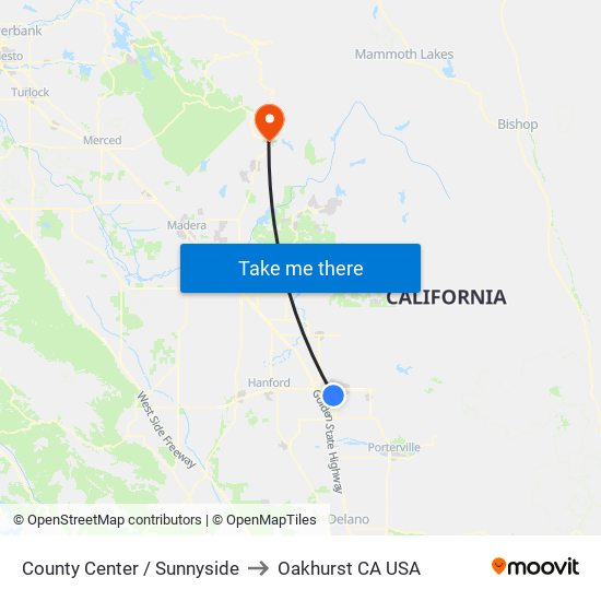 County Center / Sunnyside to Oakhurst CA USA map
