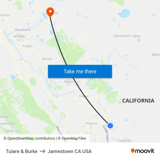 Tulare & Burke to Jamestown CA USA map