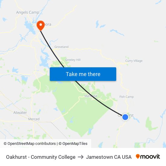 Oakhurst - Community College to Jamestown CA USA map