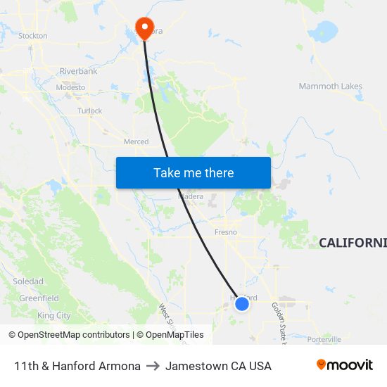 11th & Hanford Armona to Jamestown CA USA map