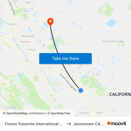 Fresno Yosemite International Airport to Jamestown CA USA map