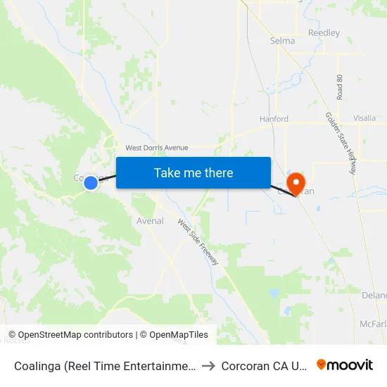 Coalinga (Reel Time Entertainment) to Corcoran CA USA map