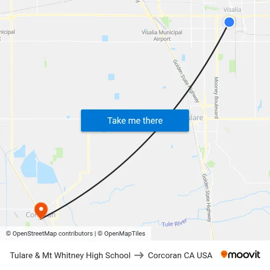 Tulare & Mt Whitney High School to Corcoran CA USA map