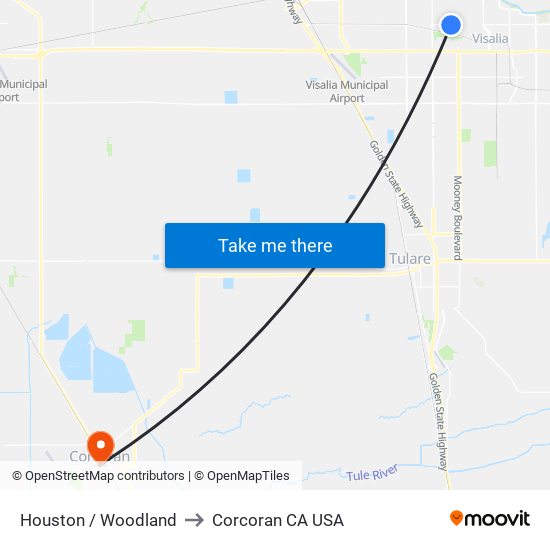 Houston / Woodland to Corcoran CA USA map