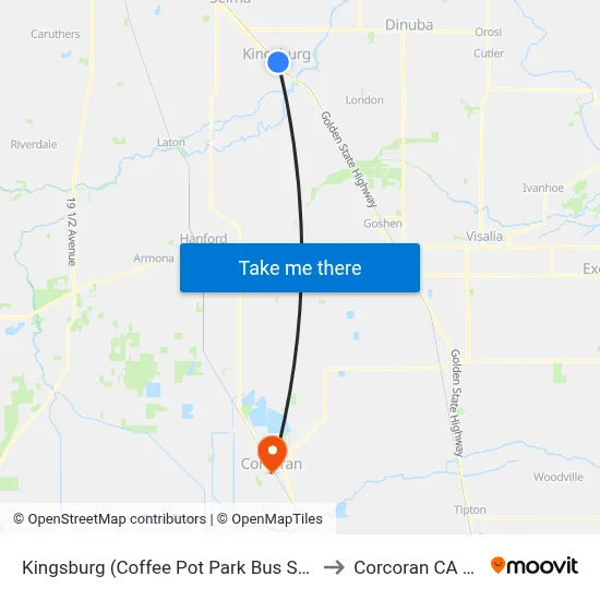Kingsburg (Coffee Pot Park Bus Shelter) to Corcoran CA USA map