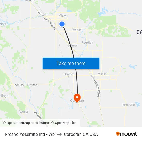Fresno Yosemite International Airport to Corcoran CA USA map