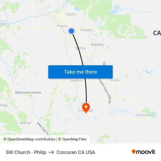 SW Church - Philip to Corcoran CA USA map