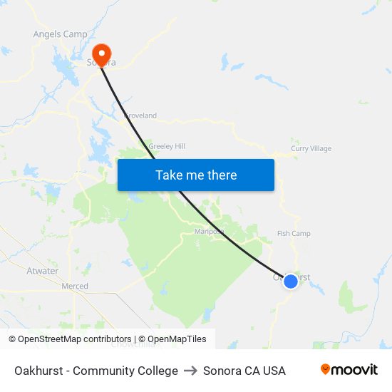 Oakhurst - Community College to Sonora CA USA map