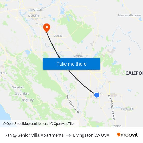 7th @ Senior Villa Apartments to Livingston CA USA map