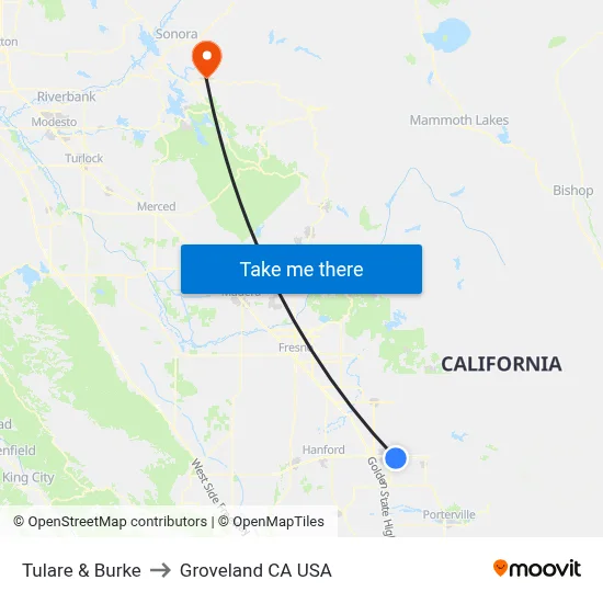 Tulare & Burke to Groveland CA USA map