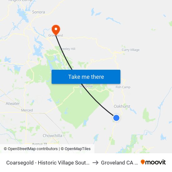 Coarsegold - Historic Village Southbound to Groveland CA USA map
