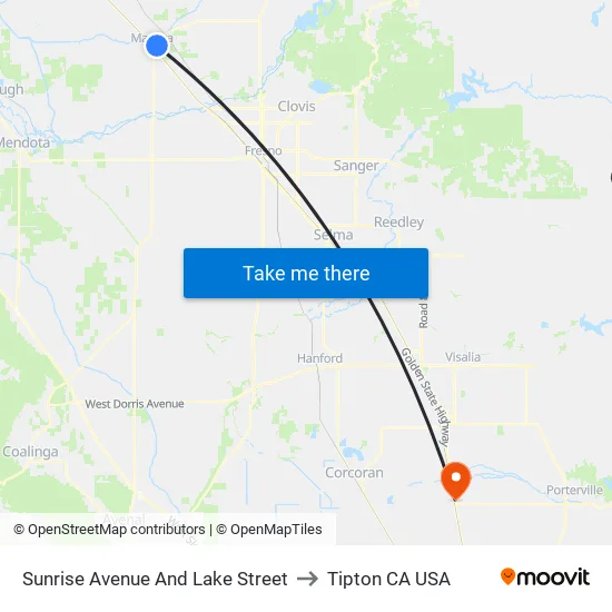 Sunrise Avenue And Lake Street to Tipton CA USA map