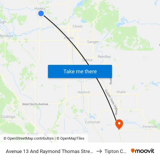 Avenue 13 And Raymond Thomas Street (Westbound) to Tipton CA USA map