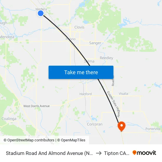 Stadium Road And Almond Avenue (Northbound) to Tipton CA USA map