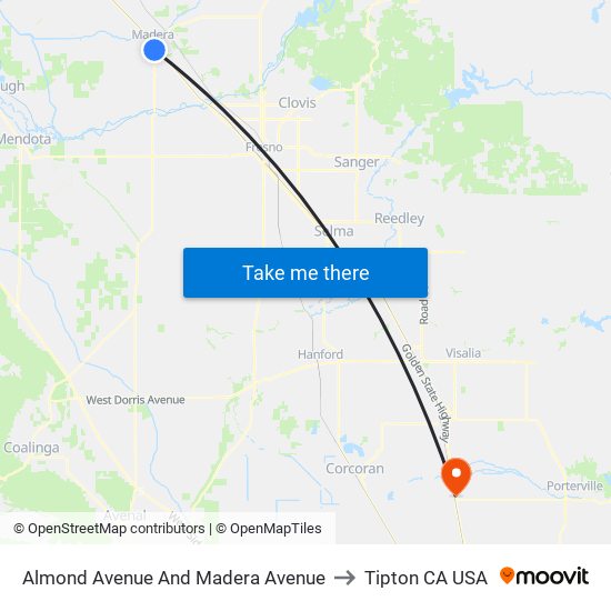 Almond Avenue And Madera Avenue to Tipton CA USA map