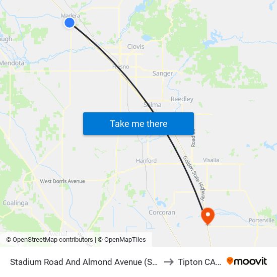 Stadium Road And Almond Avenue (Southbound) to Tipton CA USA map