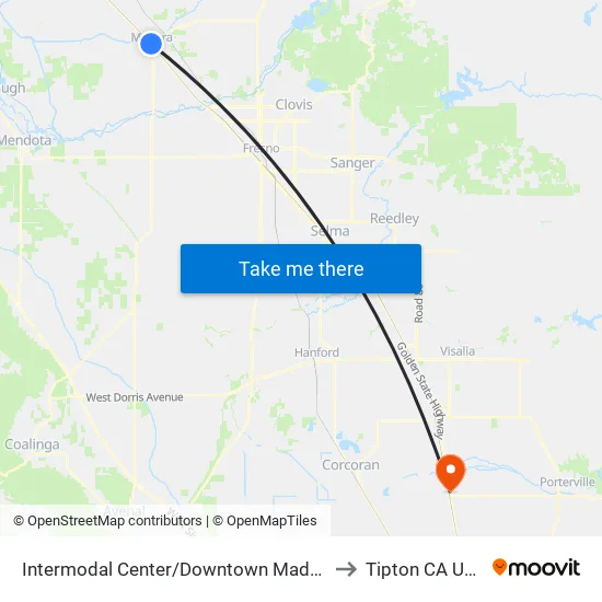 Intermodal Center/Downtown Madera to Tipton CA USA map