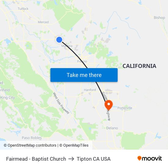 Fairmead - Baptist Church to Tipton CA USA map