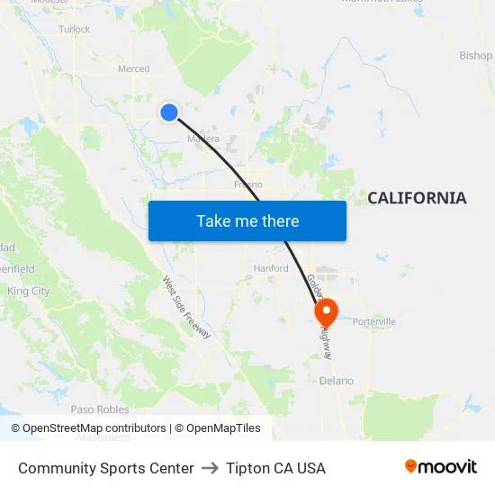 Community Sports Center to Tipton CA USA map
