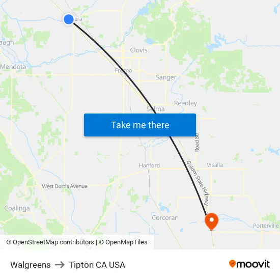Walgreens to Tipton CA USA map