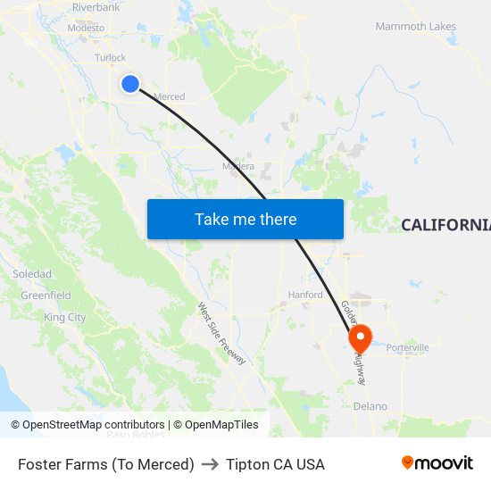 Foster Farms (To Merced) to Tipton CA USA map