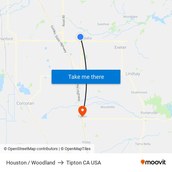 Houston / Woodland to Tipton CA USA map