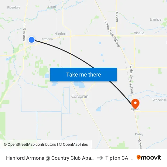 Hanford Armona @ Country Club Apartments to Tipton CA USA map