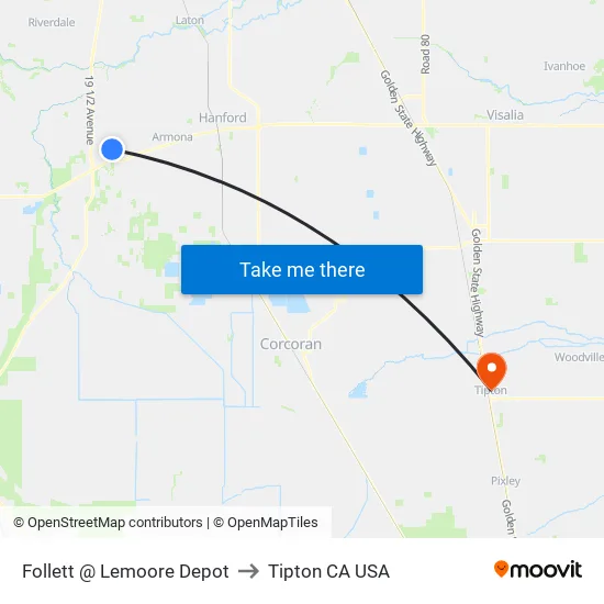 Follett @ Lemoore Depot to Tipton CA USA map