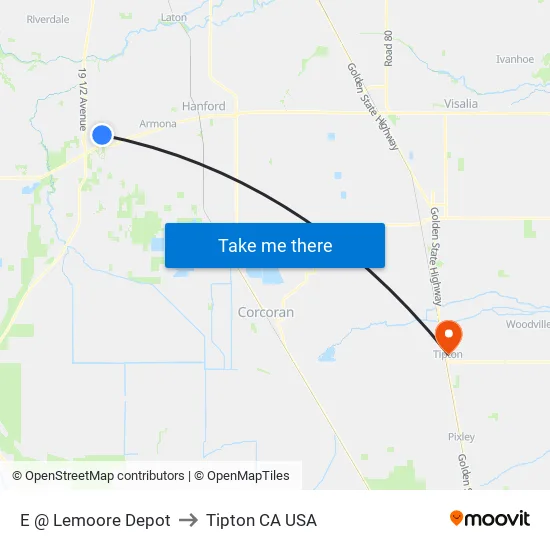 E @ Lemoore Depot to Tipton CA USA map