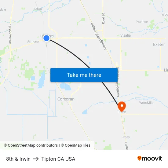 8th & Irwin to Tipton CA USA map