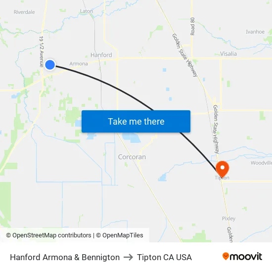 Hanford Armona & Bennigton to Tipton CA USA map