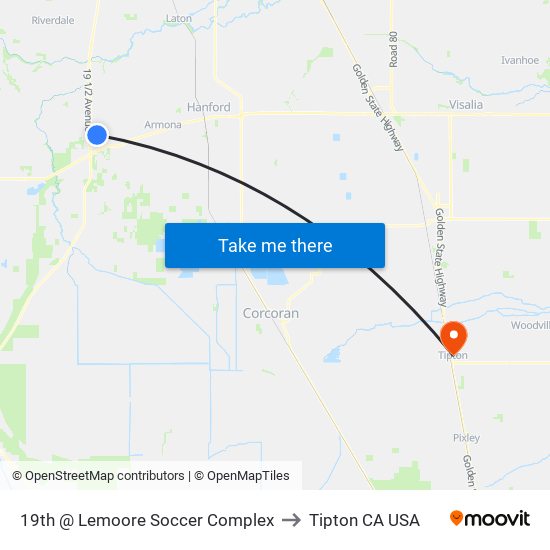 19th @ Lemoore Soccer Complex to Tipton CA USA map