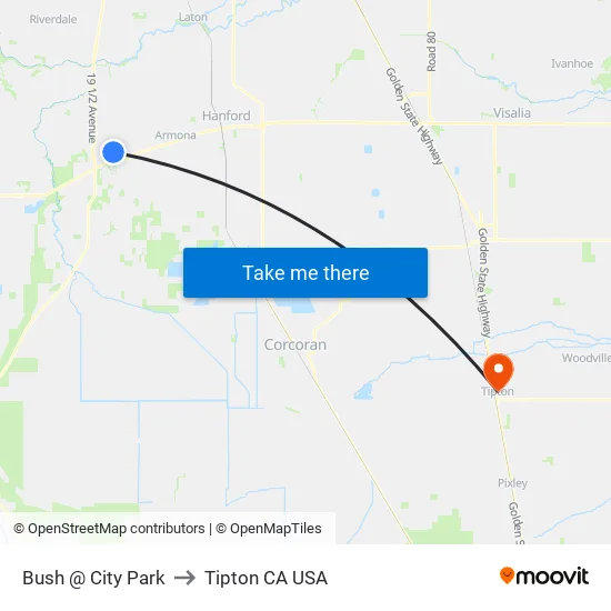 Bush @ City Park to Tipton CA USA map