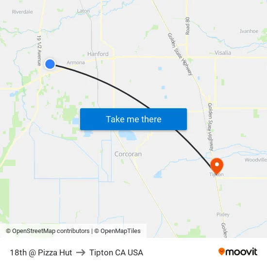 18th @ Pizza Hut to Tipton CA USA map
