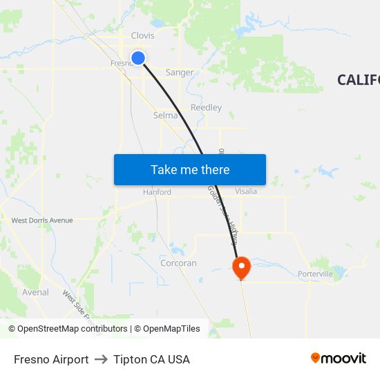 Fresno Airport to Tipton CA USA map