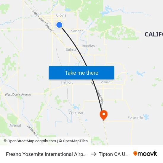 Fresno Yosemite International Airport to Tipton CA USA map
