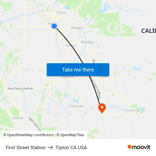 First Street Station to Tipton CA USA map