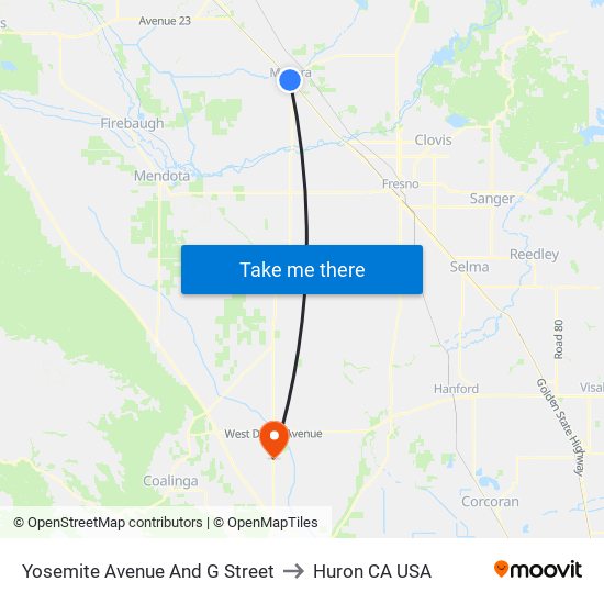 Yosemite Avenue And G Street to Huron CA USA map