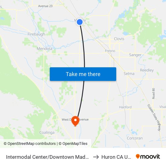 Intermodal Center/Downtown Madera to Huron CA USA map